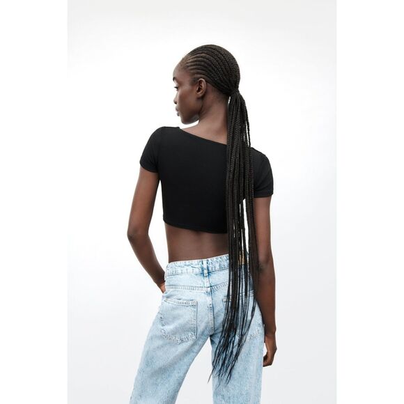 ZARA 90s Crop Top Short Sleeve Stretch Squared Neckline Very Soft S Blush Pink - Picture 6 of 14